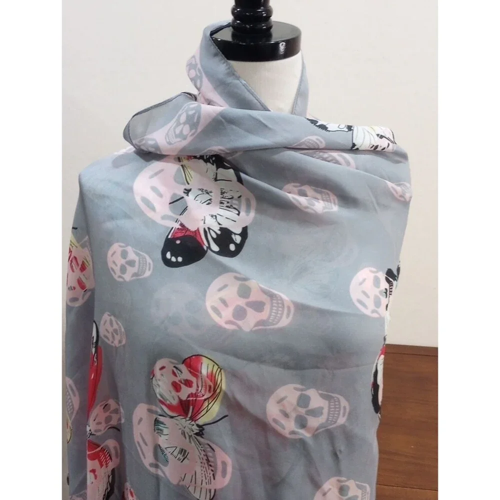 Emonue Skull And Butterfly Gray And Pink Silk Scarf - 72